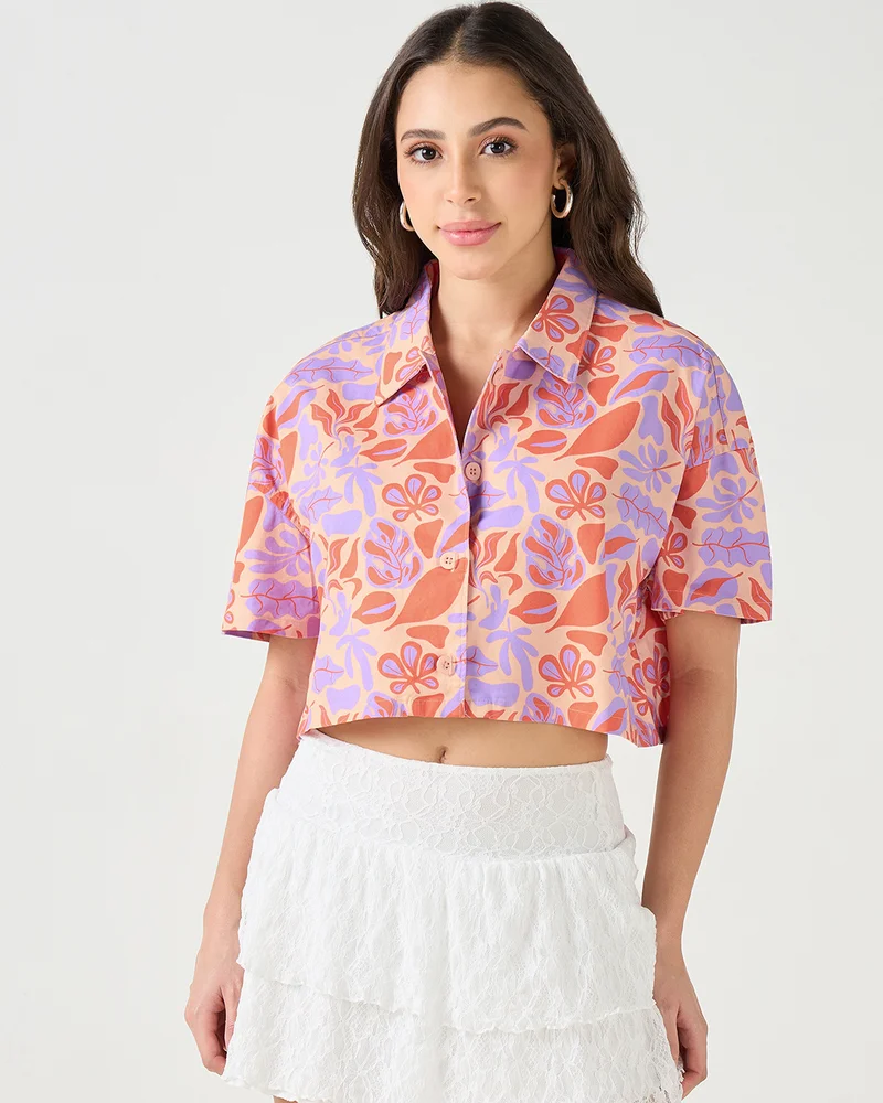 bewakoof Women's Multicolor All Over Printed Oversized Crop Shirt